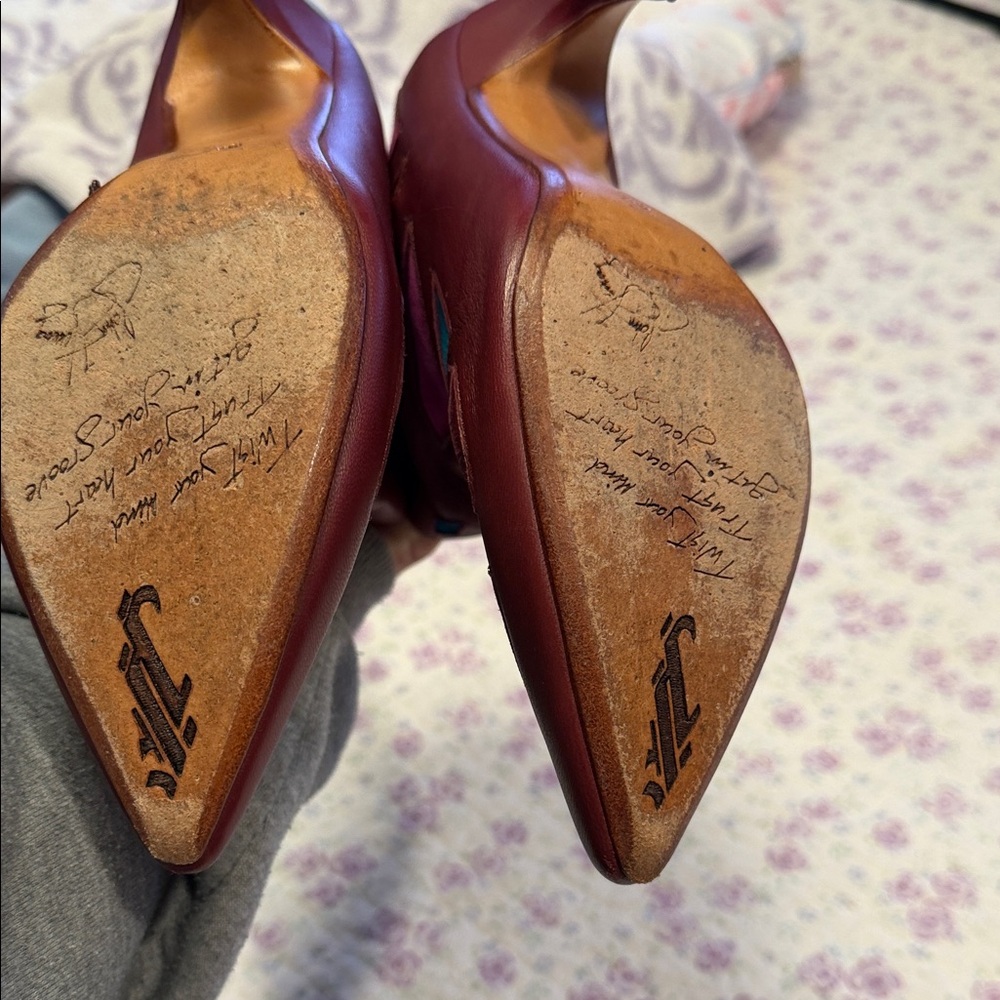 John Fluevog Burgundy Leather Ankle Boots with Pink, Blue & Red Accents - Picture 5 of 5